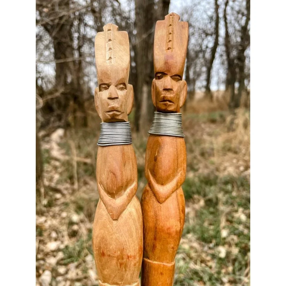Vintage MCM Carved Wood African Salad Fork Spoon Head Bust handles